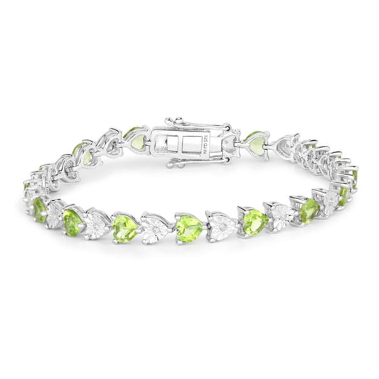 Heart Green Peridot & Diamond Prong Silver Tennis Bracelet