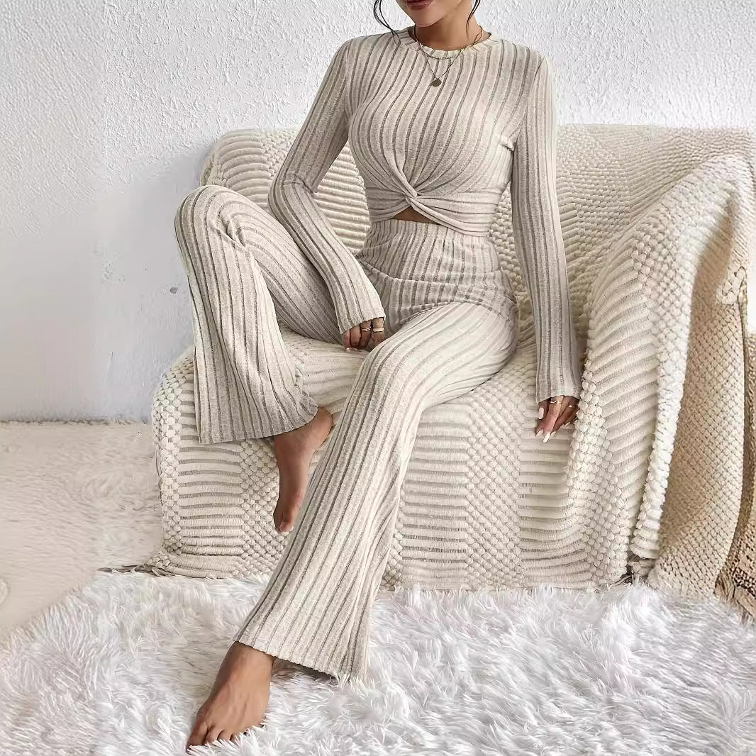 Women's Twist-Front Crop Top & Wide-Leg Ribbed Knit Set – 3 Colors