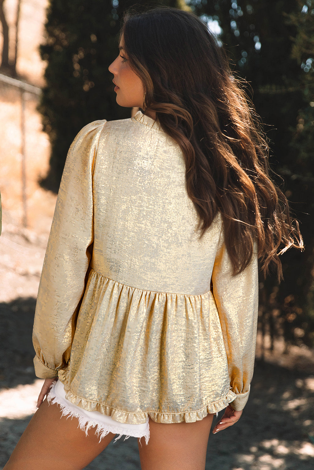 Threaded Pear Metallic Frilled V Neck Puff Sleeve Babydoll Blouse
