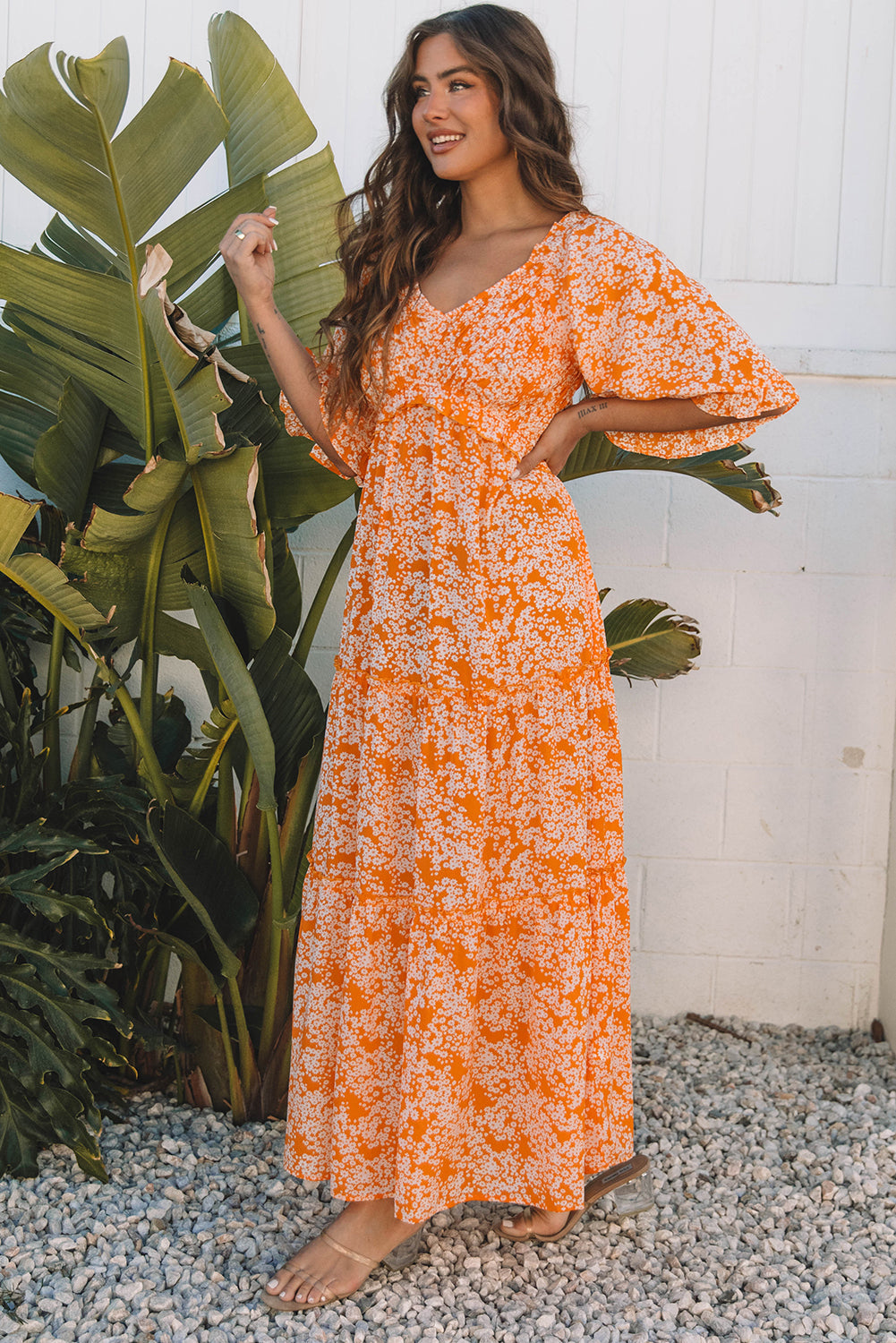 Threaded Pear Eileen Floral V Neck Wide Sleeve Maxi Dress