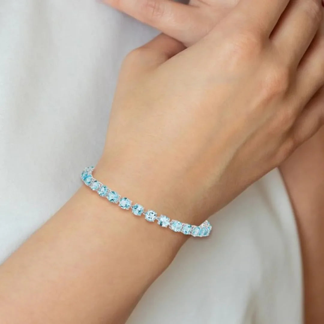 Round Swiss Blue Topaz Prong Sterling Silver Tennis Bracelet