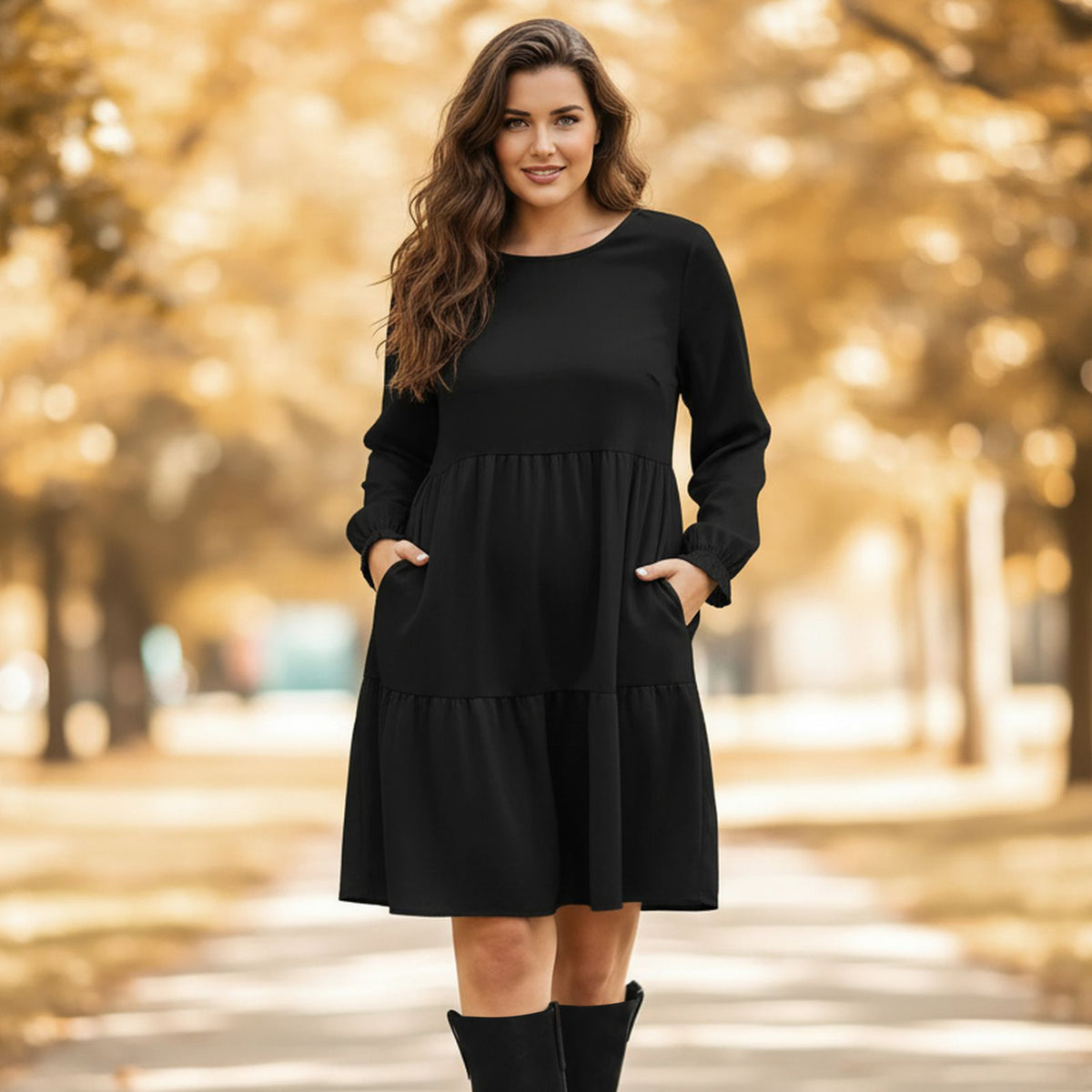 Black Long Sleeve Ruffle Cuff Tiered Dress with Pockets