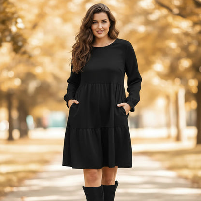 Black Long Sleeve Ruffle Cuff Tiered Dress with Pockets