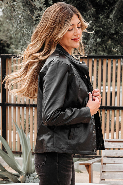 Threaded Pear Olive Faux Leather Buttoned Front Boxy Jacket