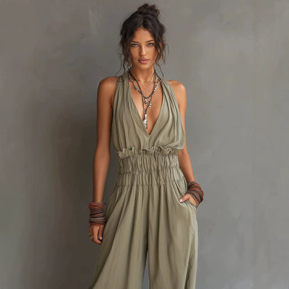 Women's V-Neck Halter Jumpsuit – Sleeveless Open Back Waist-Cinching