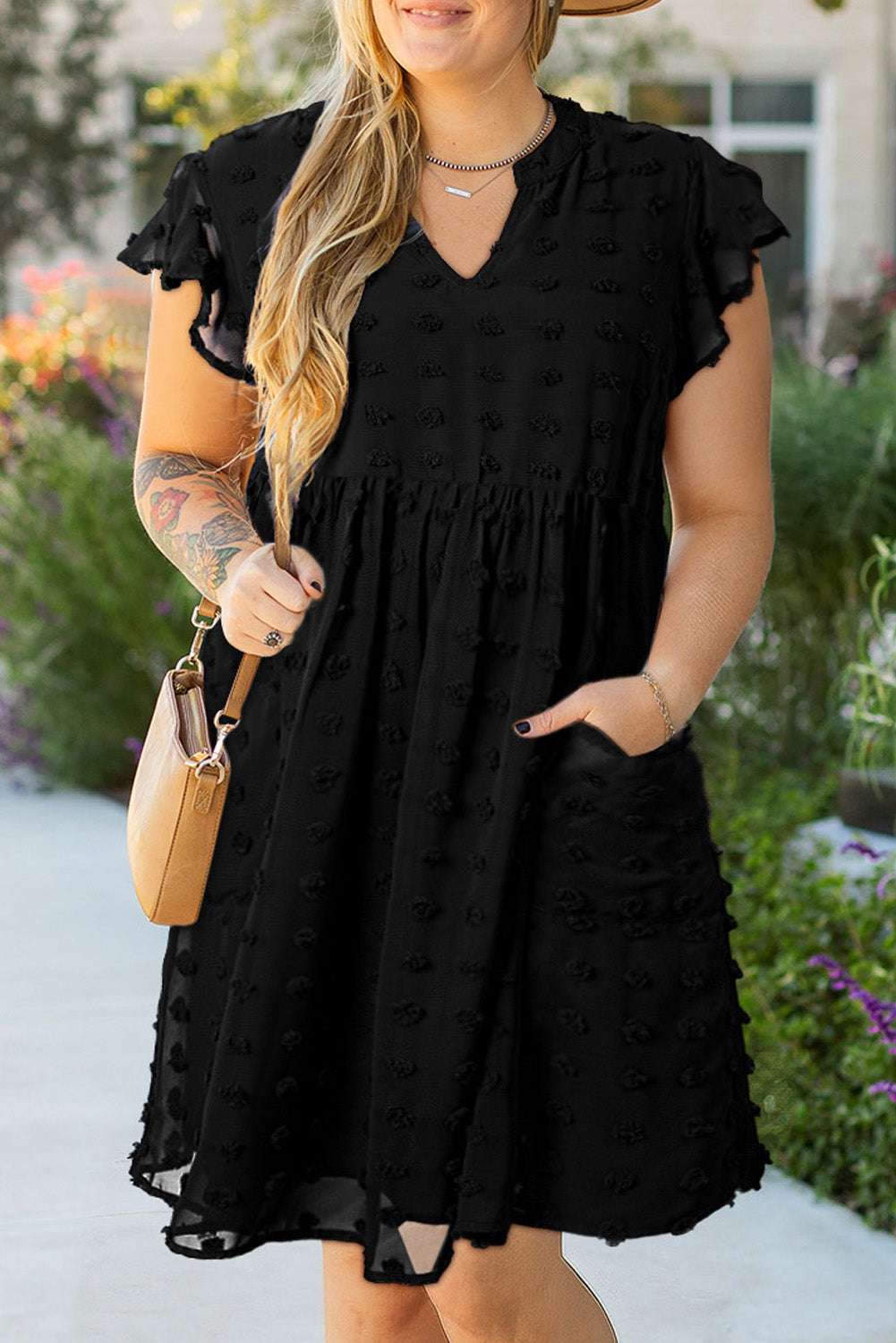 Threaded Pear Lilith Plus Size Dotty Textured Ruffled Dress