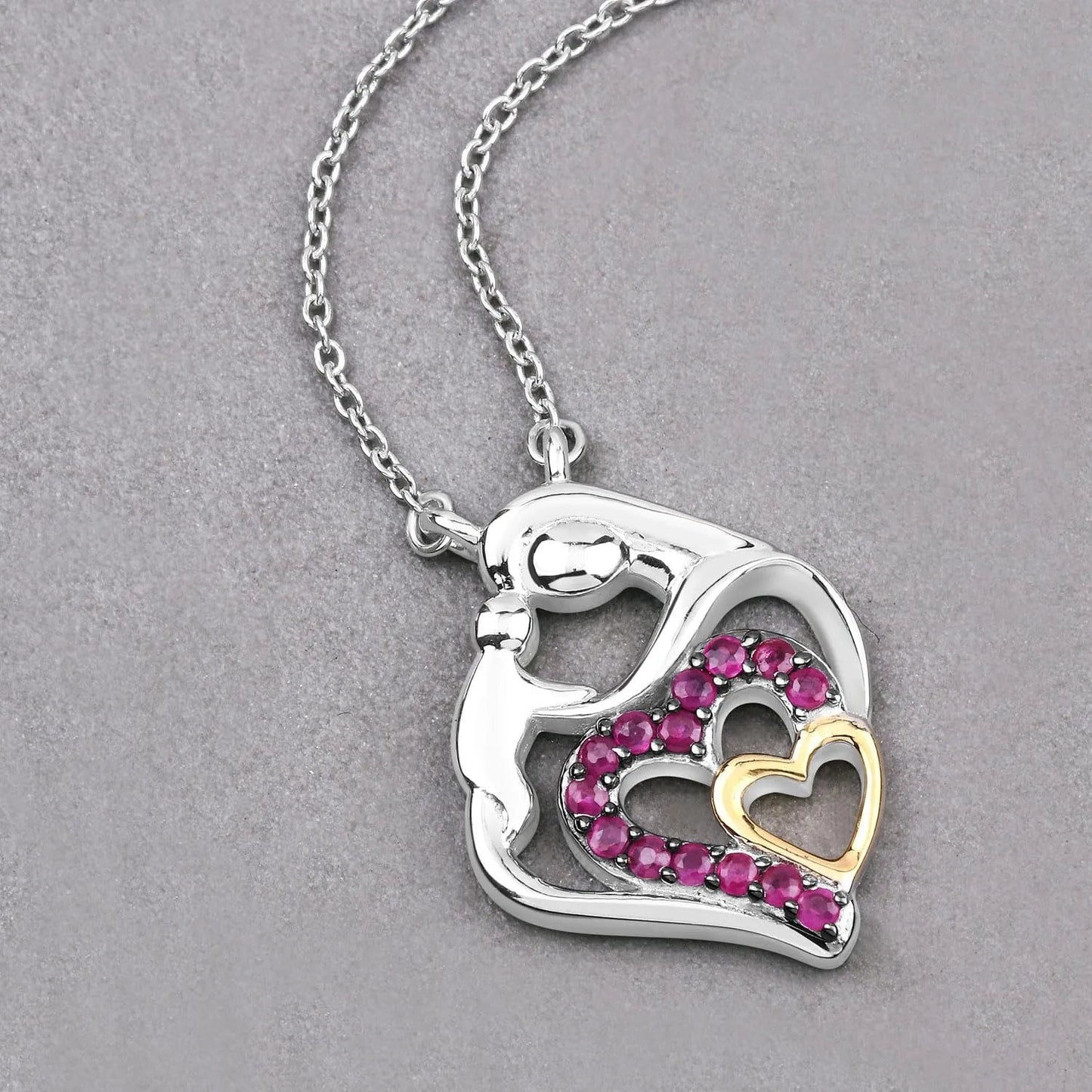 Round Pink Ruby Prong Silver Double Heart Pendant Necklace