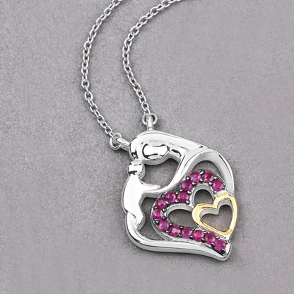 Round Pink Ruby Prong Silver Double Heart Pendant Necklace