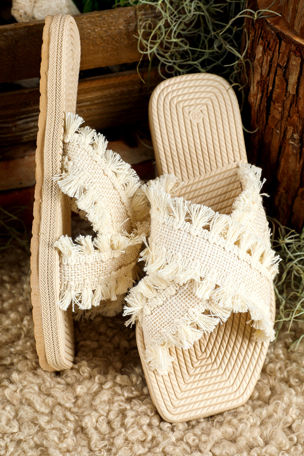 Threaded Pear Vada Tassel Woven Crossed Straps Flat Slippers