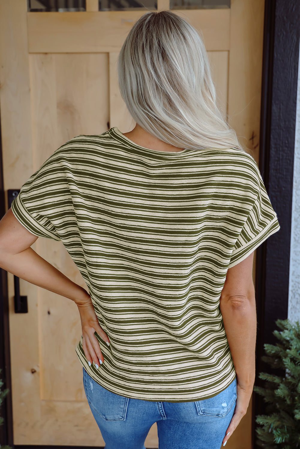 Threaded Pear Abby Stripe Textured Side Slits Top