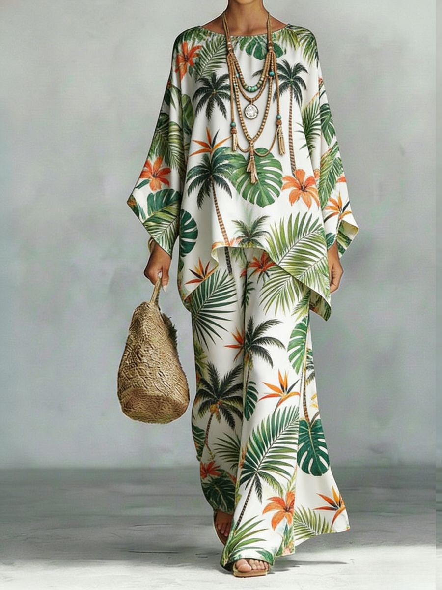 Floral Print Bamboo Linen Two-Piece Set with Wide-Leg Pants