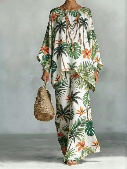 Floral Print Bamboo Linen Two-Piece Set with Wide-Leg Pants