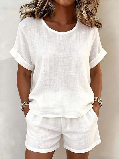 Women's Relaxed Cotton-Linen Cuffed Sleeve Top & Shorts Two-Piece Set