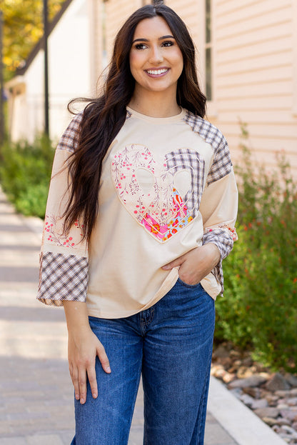 Emilia Plaid Floral Peace Heart Long Sleeve Top by Threaded Pear