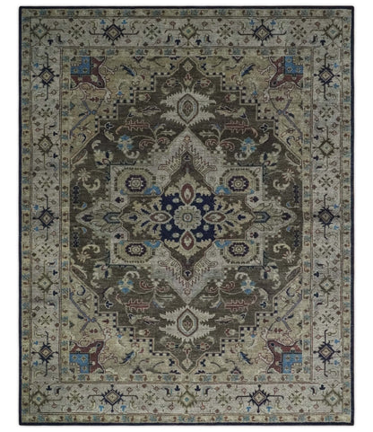8x10 Antique look Brown, Beige and Blue Traditional Medallion wool Area Rug