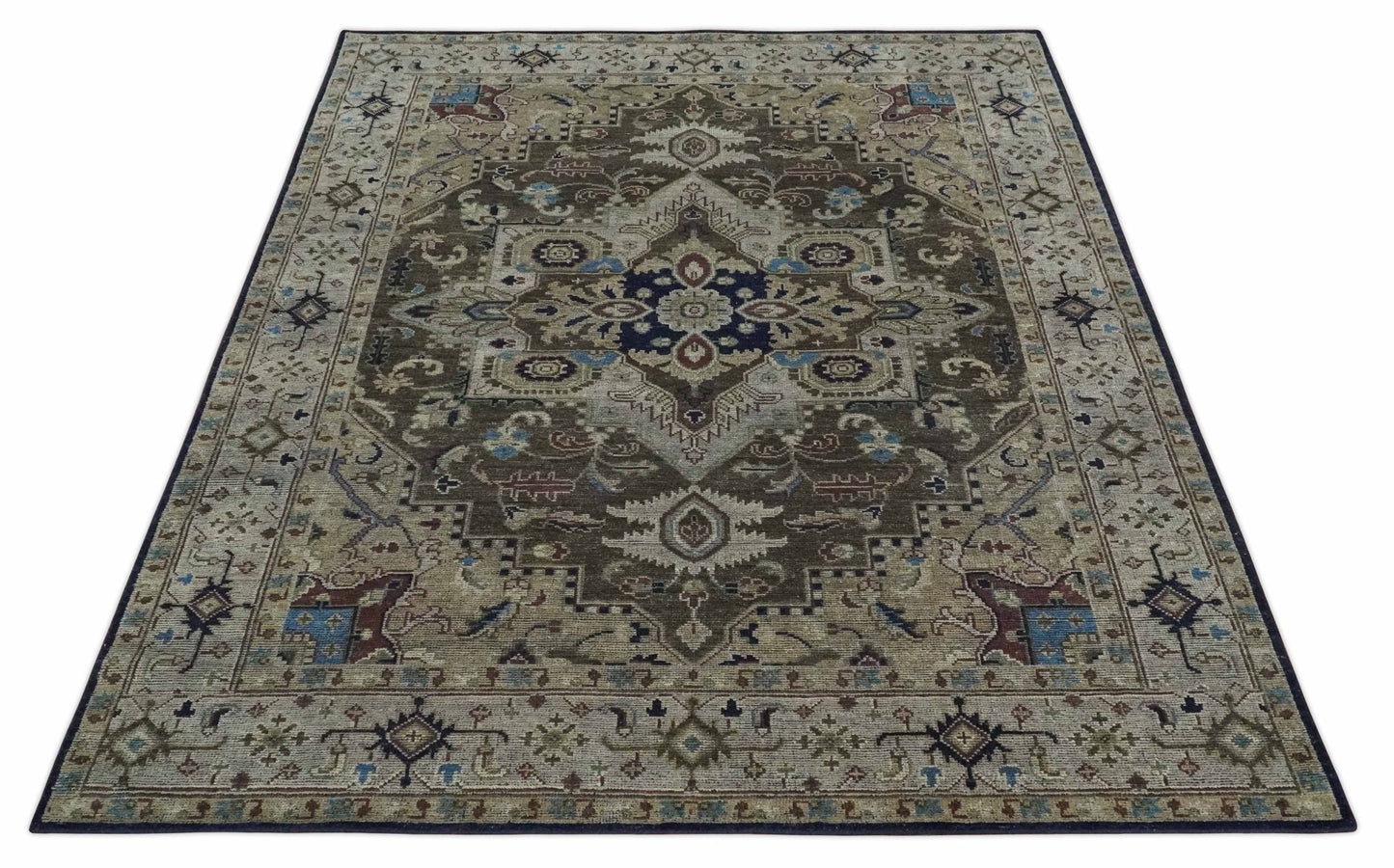 8x10 Antique look Brown, Beige and Blue Traditional Medallion wool Area Rug