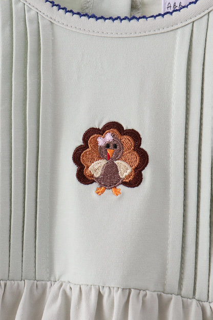 Sage Turkey Embroidery Ruffle Pants Set