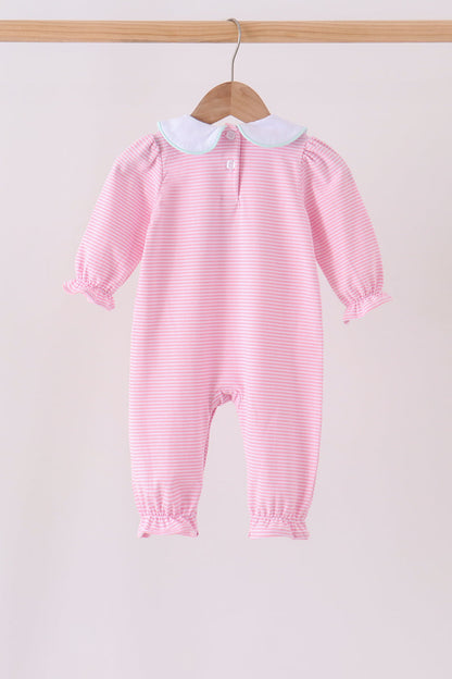 Pink Turkey Embroidery Stripe Romper
