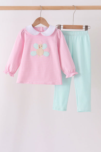 Pink Turkey Embroidery Stripe Pants Set