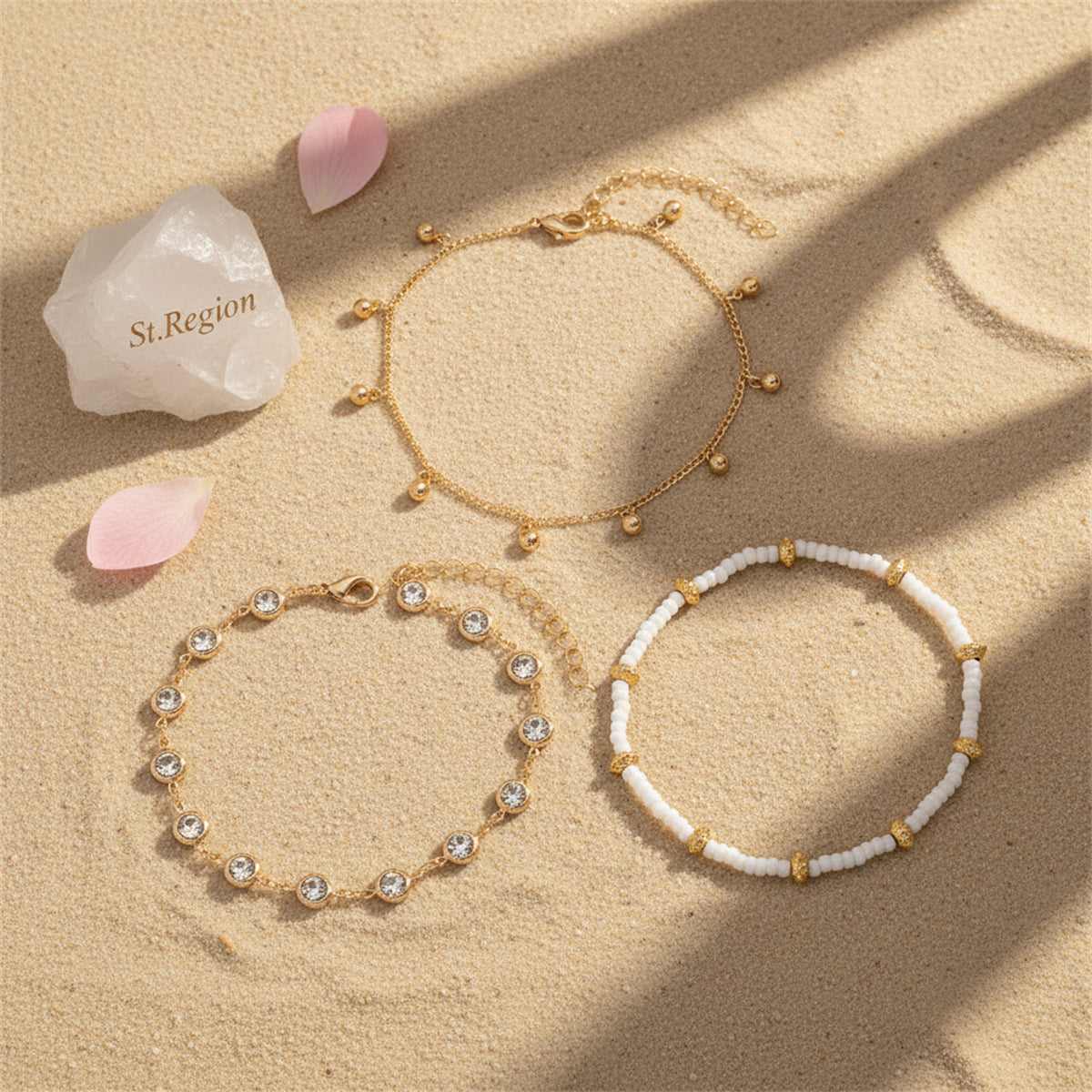 Clear Crystal & White Howlite Goldtone Round Station Anklet Set