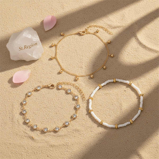 Clear Crystal & White Howlite Goldtone Round Station Anklet Set