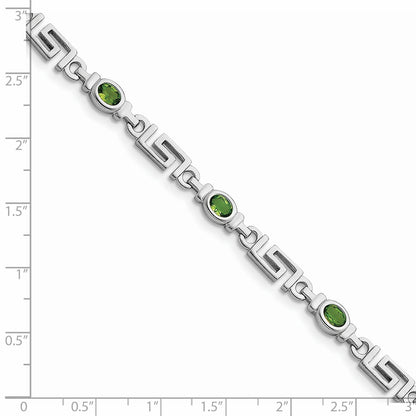 Oval Olive Green Peridot Bezel Sterling Silver Greek Key Link Bracelet