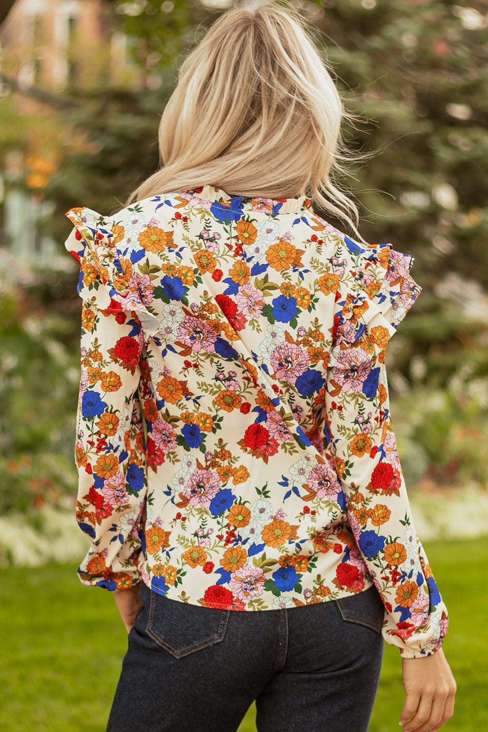 Threaded Pear Apricot Ruffled Shoulder Long Sleeve Floral Blouse
