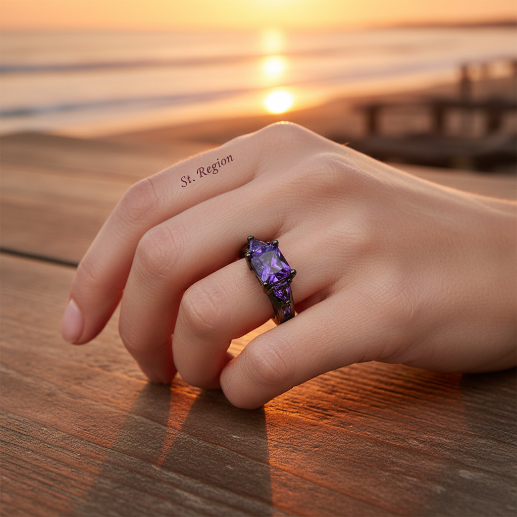 Navy Crystal & Black-Tone Prong-Set Ring