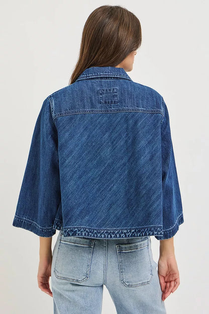 RISEN Double-Breasted Flowy Cropped Denim Jacket
