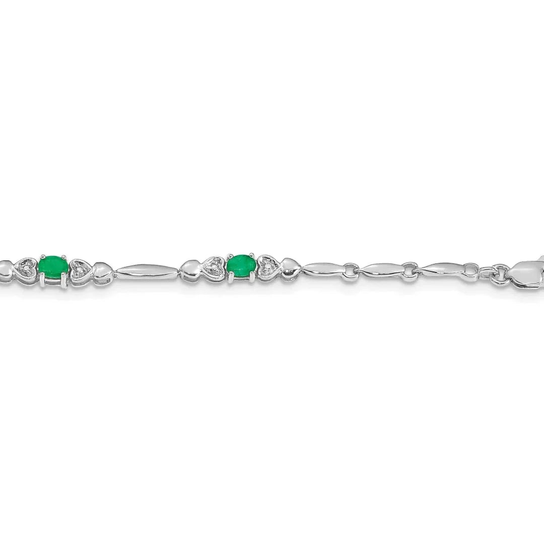 14k White Gold Oval Green Emerald Heart 7 inch Bracelet