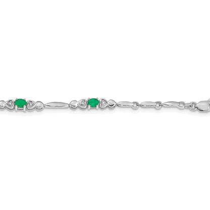 14k White Gold Oval Green Emerald Heart 7 inch Bracelet