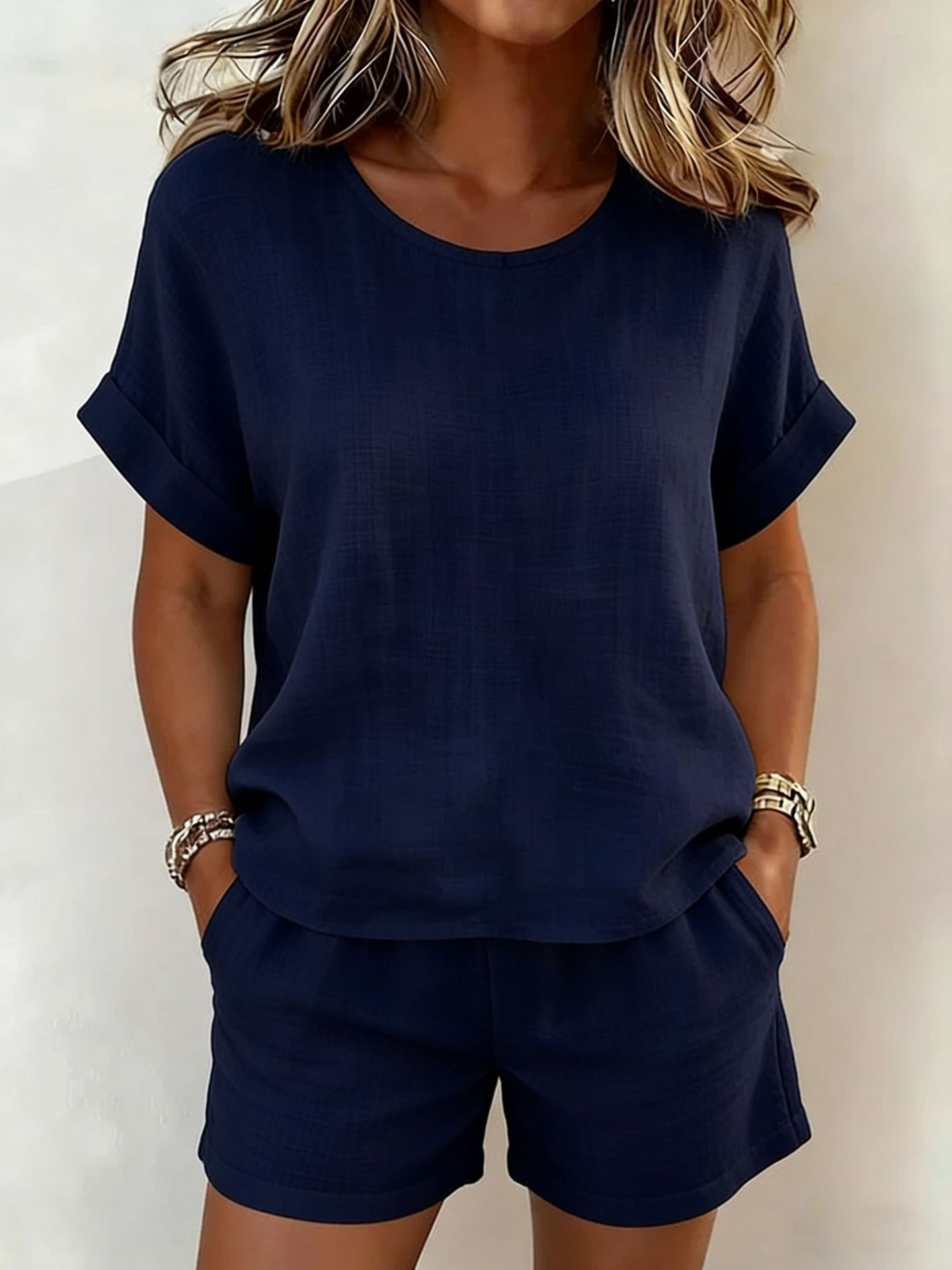 Women's Relaxed Cotton-Linen Cuffed Sleeve Top & Shorts Two-Piece Set