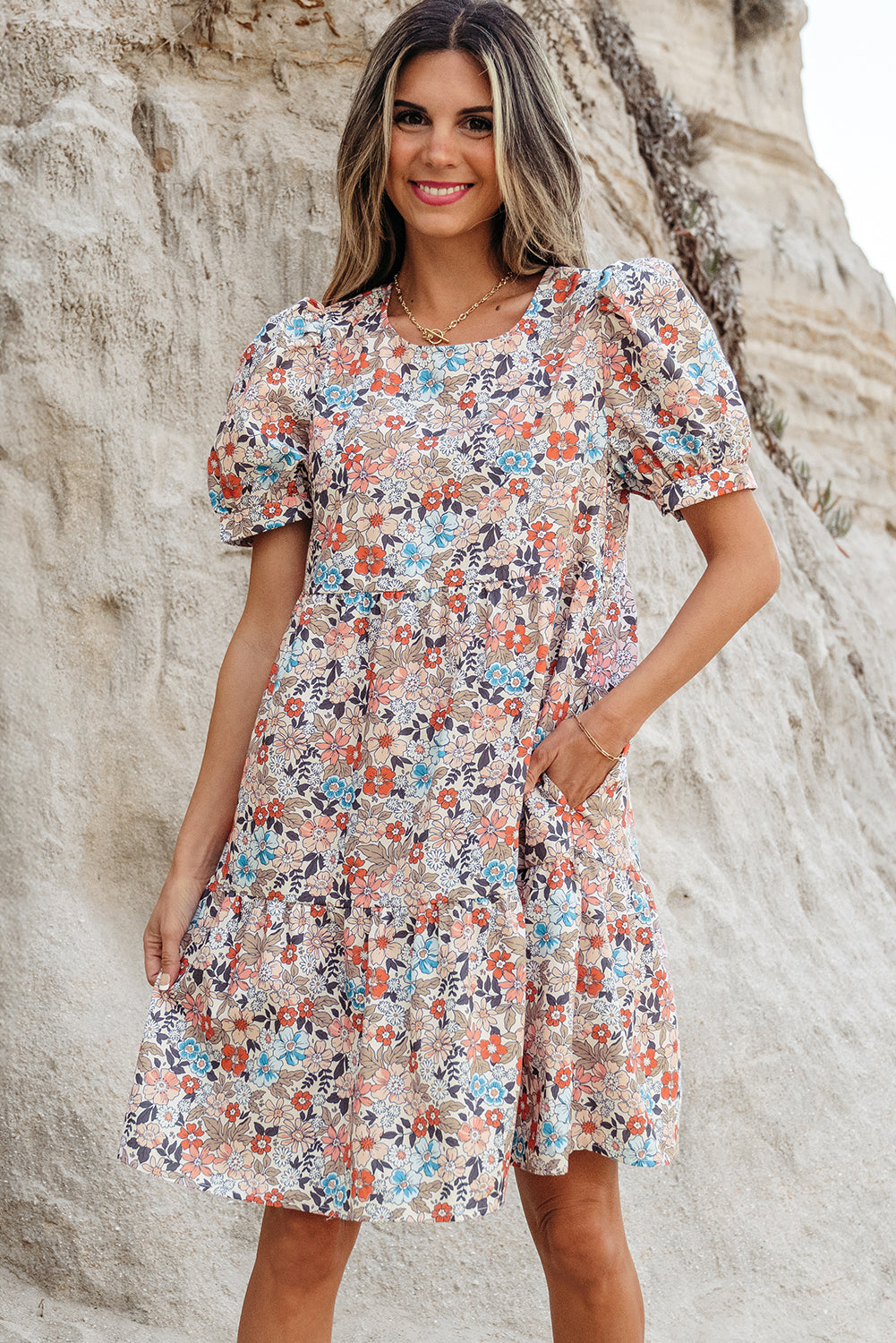 Threaded Pear Aliana Bohemian Floral Mini Dress