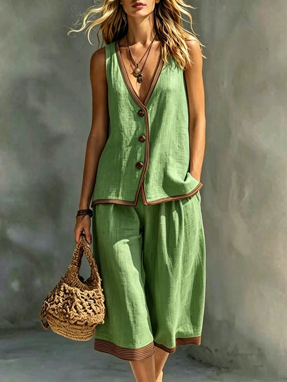 Women's Sleeveless Buttoned Vest & Shorts Two-Piece Set