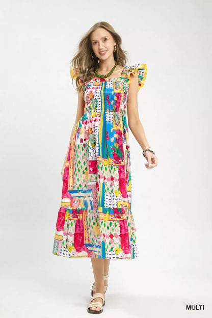 Umgee Abstract Print Smocked Ruffle Sleeve Tiered Midi Dress