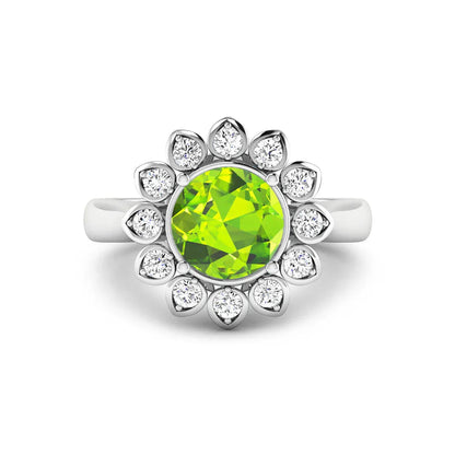 2.21 Ct Round Green Peridot and White Diamond Prong Silver Halo Floral Ring
