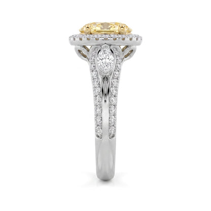 3Cttw Oval Shaped Yellow Lab Grown Diamond (F/VS) Three Stone Halo Enagement Ring 14K Gold
