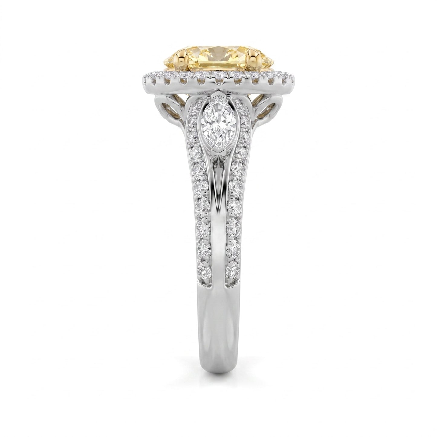 3Cttw Oval Shaped Yellow Lab Grown Diamond (F/VS) Three Stone Halo Engagement Ring in 14K Gold