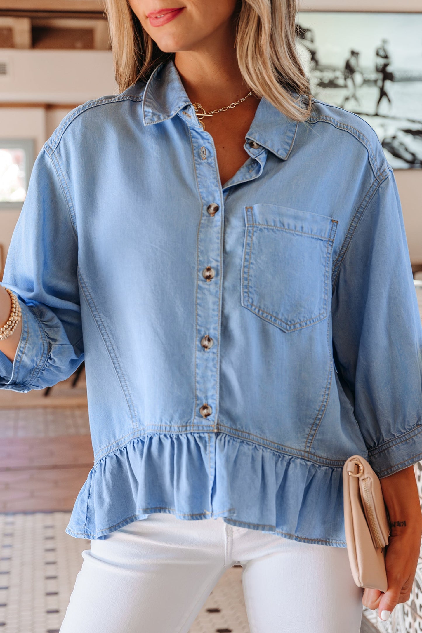 Threaded Pear Daphne High Low Chambray Shirt