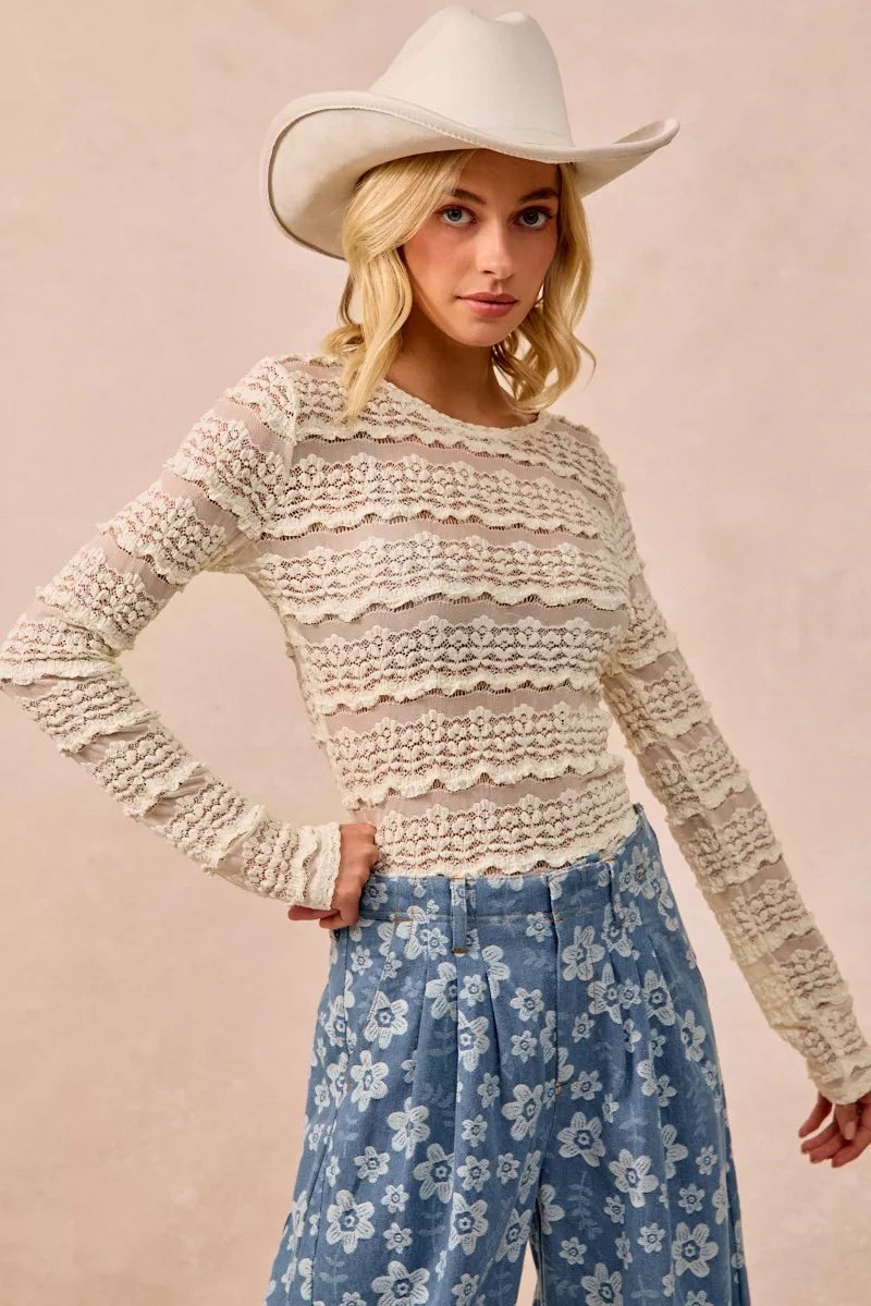 BiBi Ruffles Detail Flower Lace Top in Cream