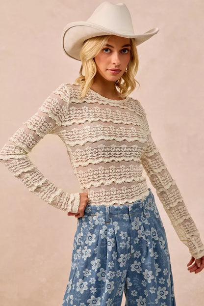 BiBi Ruffles Detail Flower Lace Top in Cream