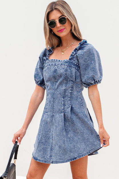 Threaded Pear Celia Square Neck Bustier Puff Sleeve Short Denim Dress