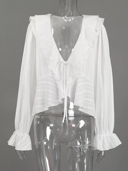Ruffled Striped Flounce Sleeve Blouse