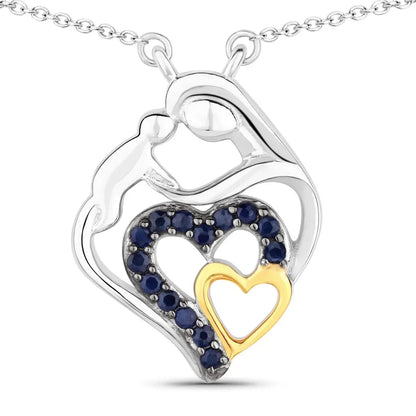Round Blue Sapphire Prong Silver Double Heart Pendant Necklace