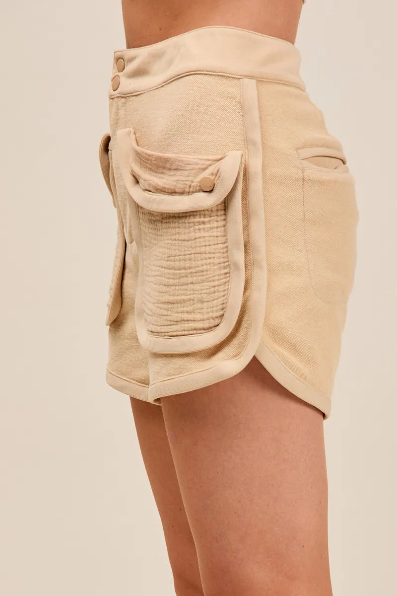 SO ME Mineral Washed Terry High Rise Cargo Shorts