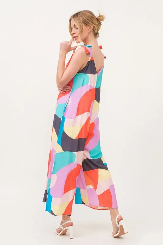 And The Why Tied Shoulder Straps Wide-Leg Geo Print Jumpsuit