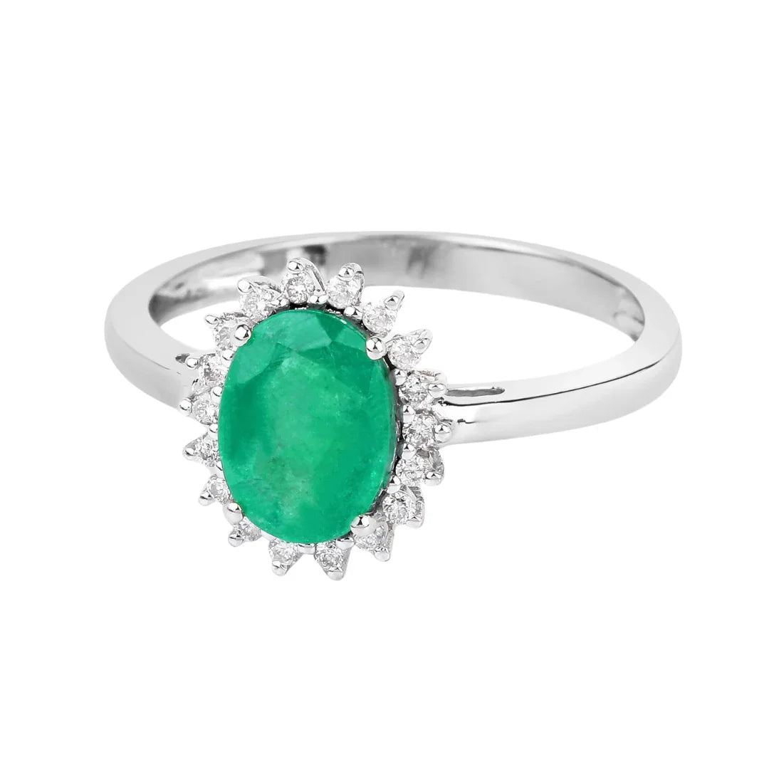 1.20 Ct Oval Green Zambian Emerald Diamond Prong 10k Gold Halo Ring