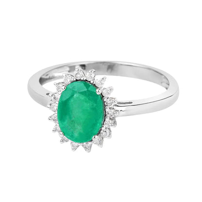 1.20 Ct Oval Green Zambian Emerald Diamond Prong 10k Gold Halo Ring