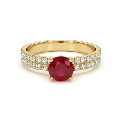 1.36 Cttw Round Gemstone Pave Diamond Double Row Band 14k Yellow Gold Engagement Ring