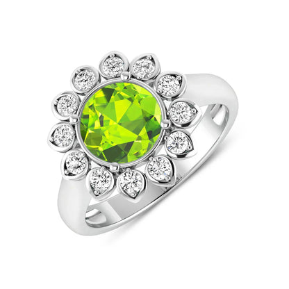 2.21 Ct Round Green Peridot and White Diamond Prong Silver Halo Floral Ring